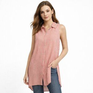 Jane Delancey Red White Striped Sleeveless Button Down Long Shirt Tunic Size M